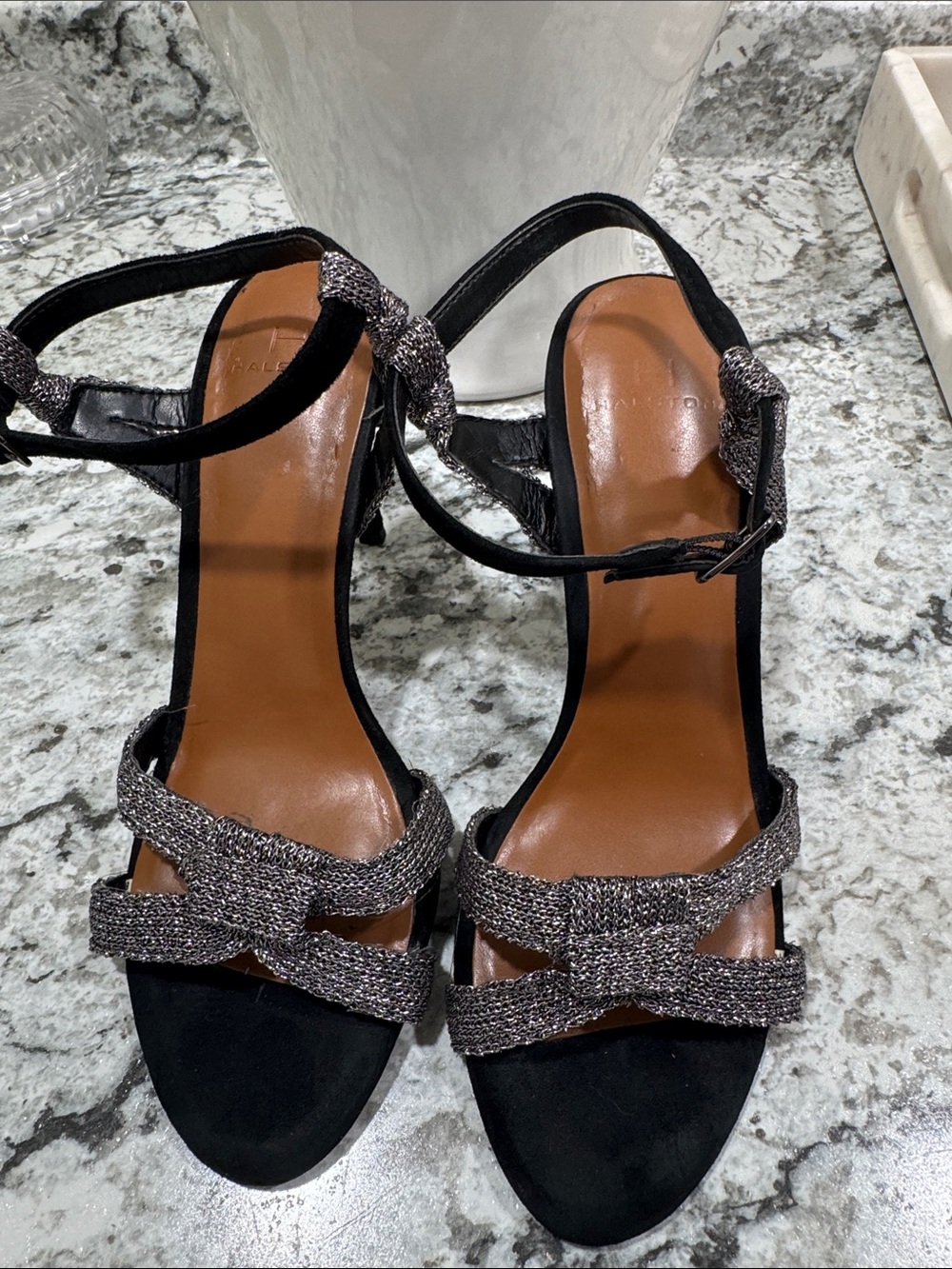 Halston Heritage Black Sandals with Metallic Braided Straps
